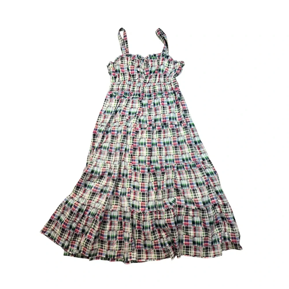 NWT Nautica Jeans Plaid Maxi Dress Smocked Bodice Tiered Spaghetti Strap L - Picture 1 of 12
